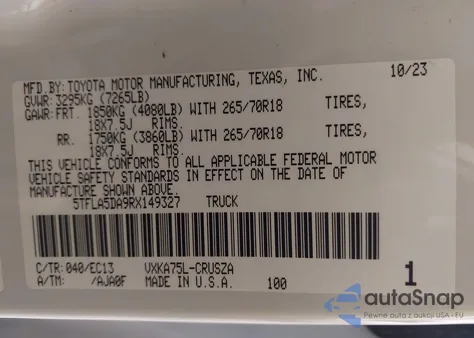 2024 Toyota Tundra Sr5 z USA, uszkodzony, nr VIN 5TFLA5DA9RX149327